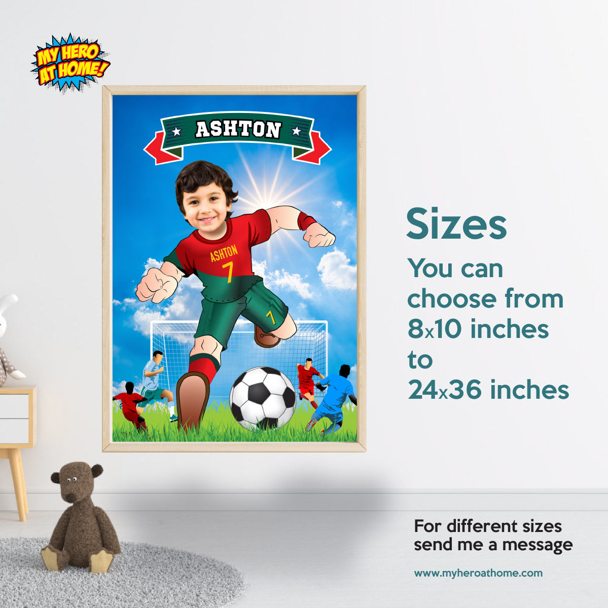 Soccer poster with kid as his favorite player Ronaldo, Printable gift of Ronaldo Futbol. 2413PG