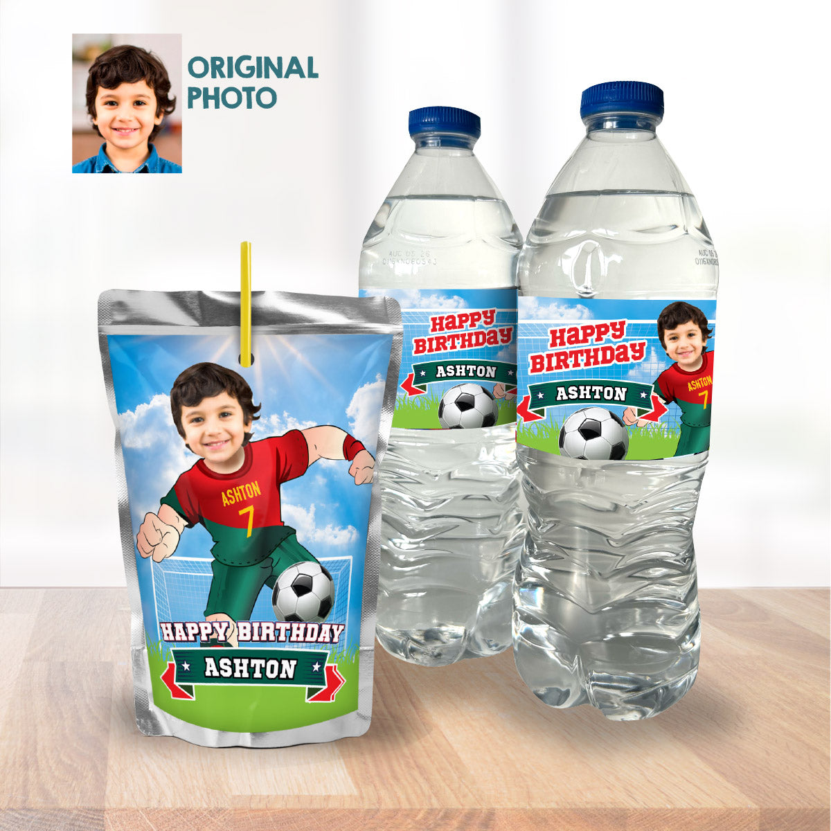 Matching birthday items for a Ronaldo Soccer table Party, cake topper, water, Chips, gable boxes. 2413B1
