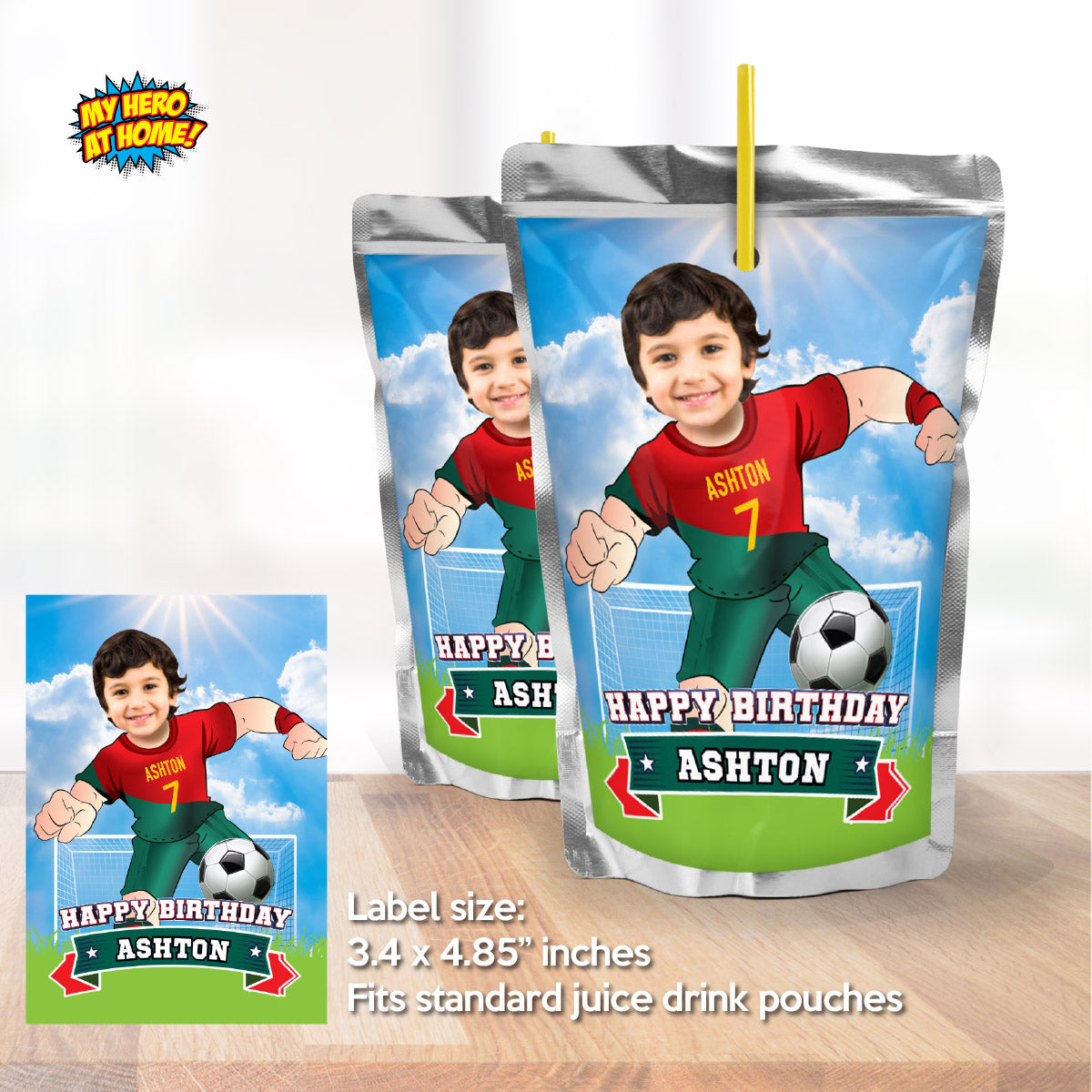 Futbol Ronaldo water wrappers with your photo, Soccer Ronaldo Juice Pouch labels. 2413WJ