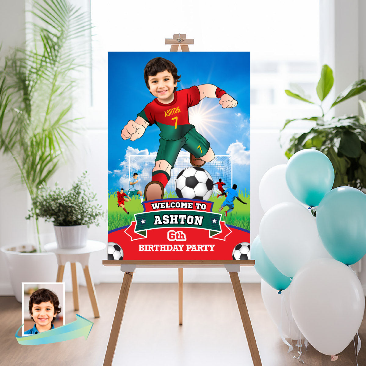 Soccer Ronaldo Welcome Sign birthday party with kid as the star, Bienvenidos Fiesta Futbol Ronaldo Portugal. 2413WS