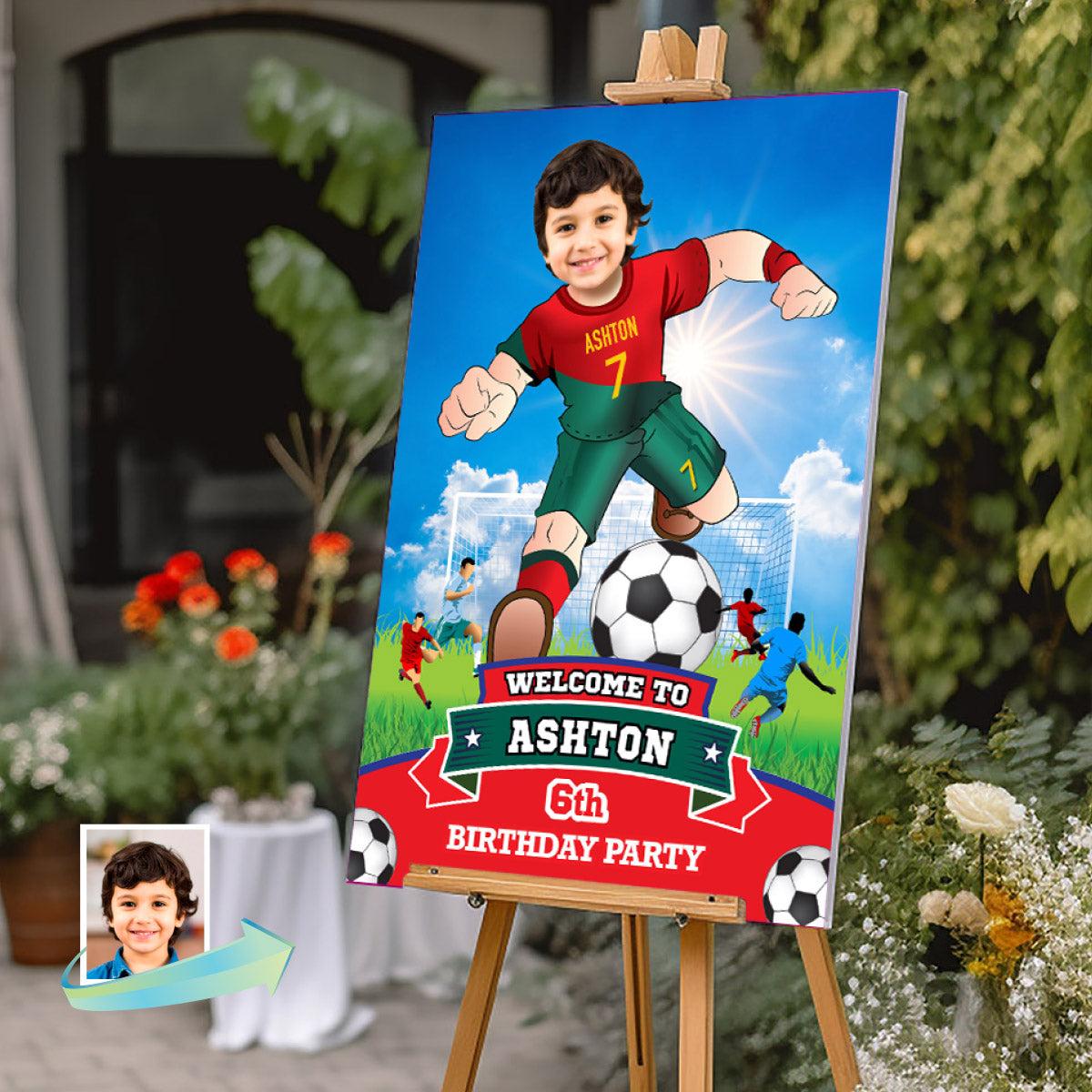 Soccer Ronaldo Welcome Sign birthday party with kid as the star, Bienvenidos Fiesta Futbol Ronaldo Portugal. 2413WS