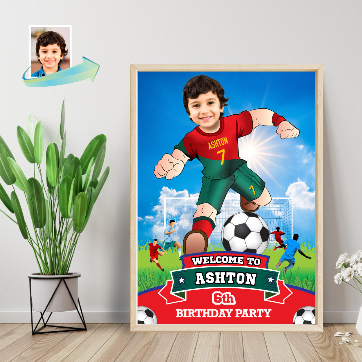Soccer Ronaldo Welcome Sign birthday party with kid as the star, Bienvenidos Fiesta Futbol Ronaldo Portugal. 2413WS