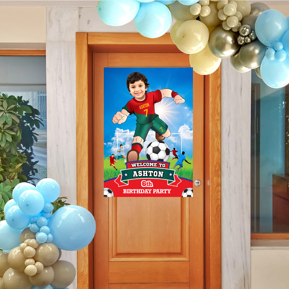 Soccer Ronaldo Welcome Sign birthday party with kid as the star, Bienvenidos Fiesta Futbol Ronaldo Portugal. 2413WS