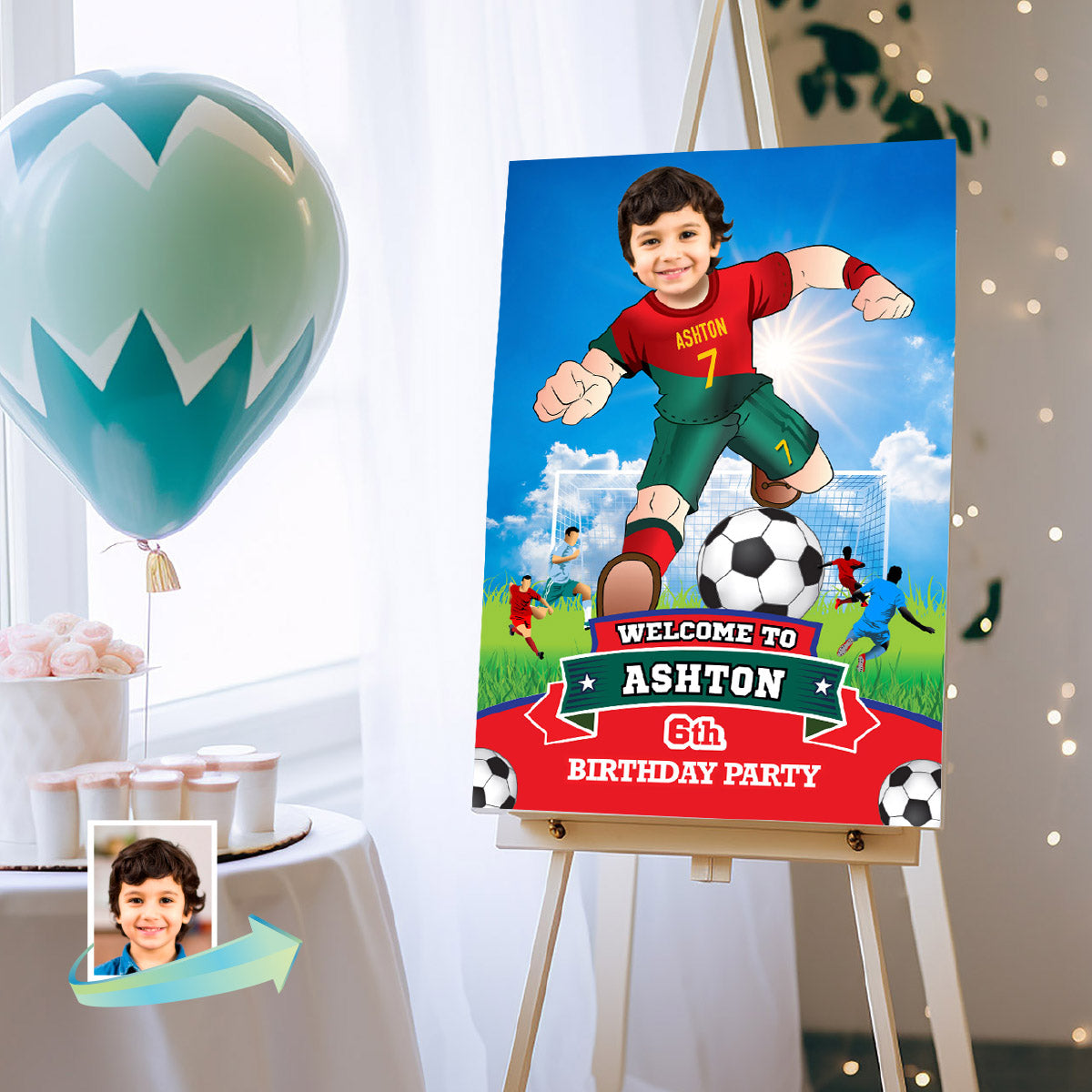 Soccer Ronaldo Welcome Sign birthday party with kid as the star, Bienvenidos Fiesta Futbol Ronaldo Portugal. 2413WS