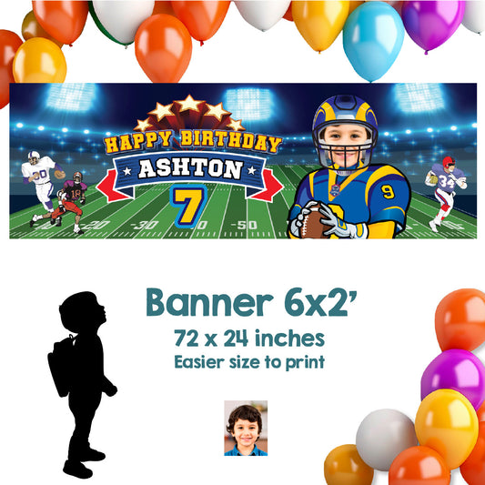Custom Football Rams Party banner with birthday kid as the star (Horizontal 6x2’). 2415BBH