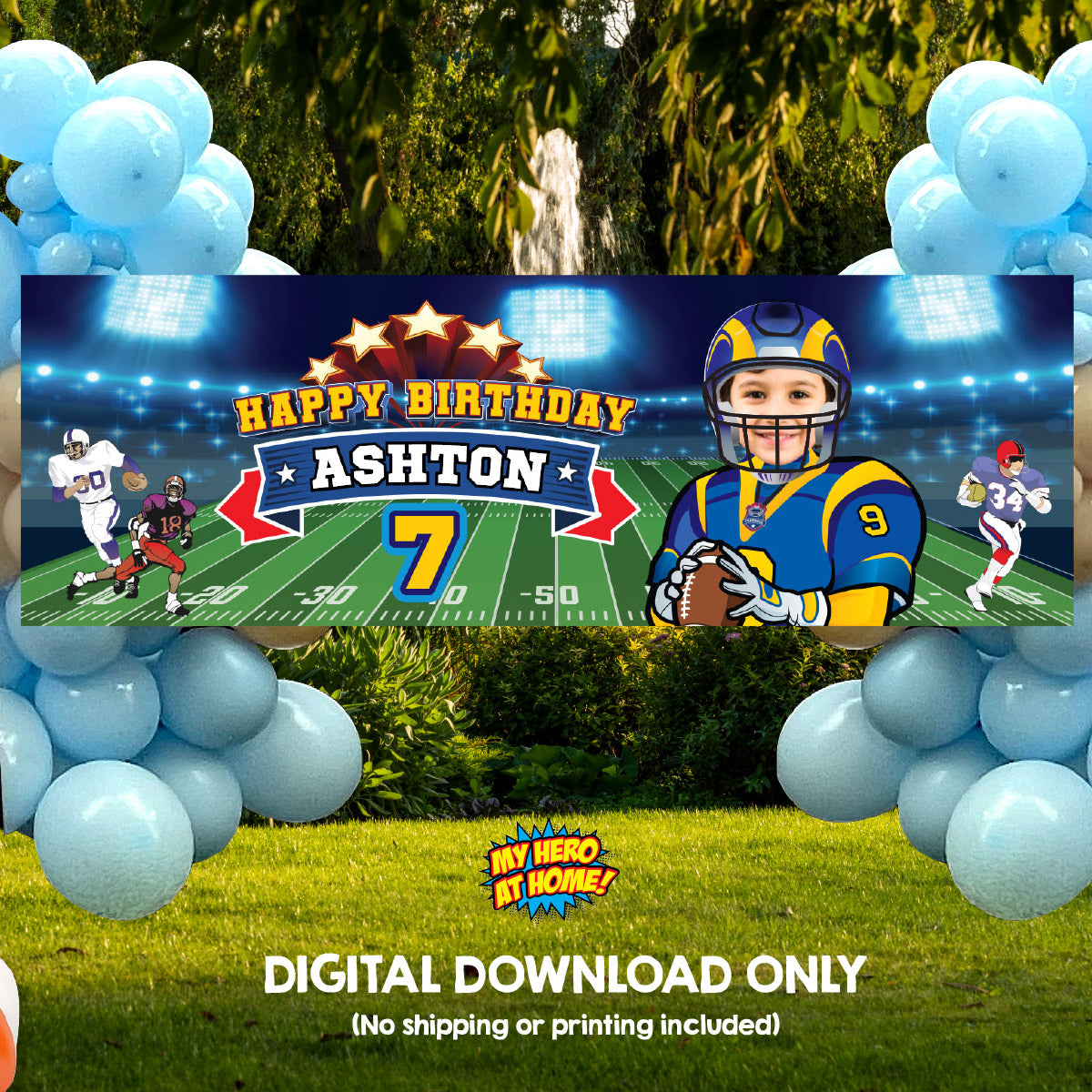 Custom Football Rams Party banner with birthday kid as the star (Horizontal 6x2’). 2415BBH