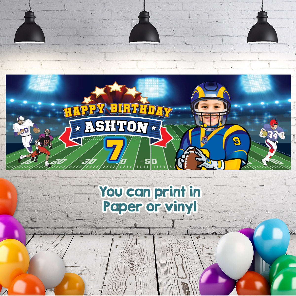 Custom Football Rams Party banner with birthday kid as the star (Horizontal 6x2’). 2415BBH