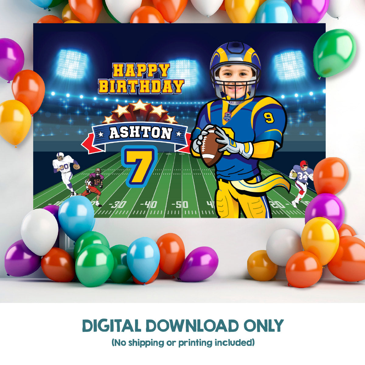 Personalized Football Rams banner with photo, Los Angeles Rams Birthday Backdrop. 2415BB
