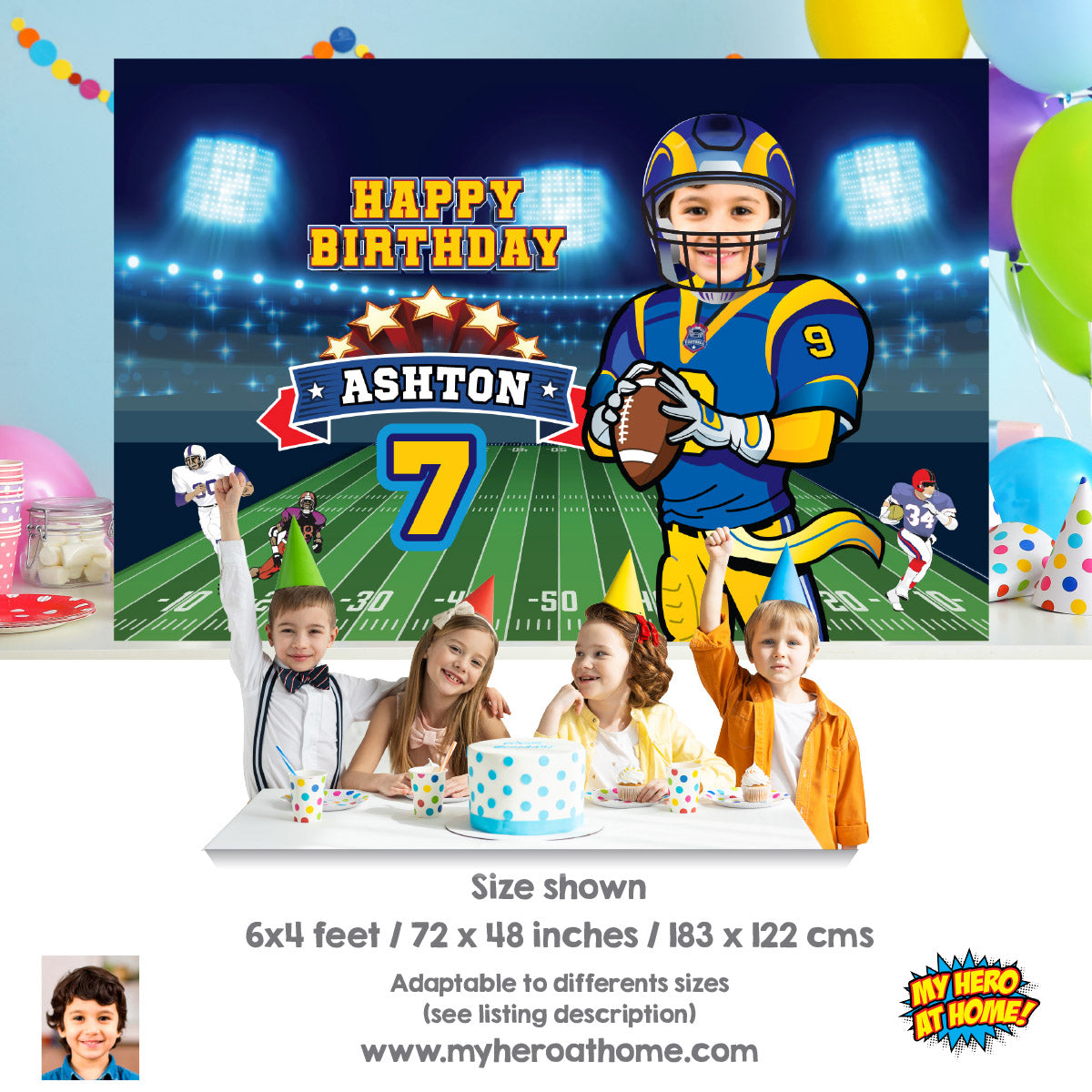 Personalized Football Rams banner with photo, Los Angeles Rams Birthday Backdrop. 2415BB