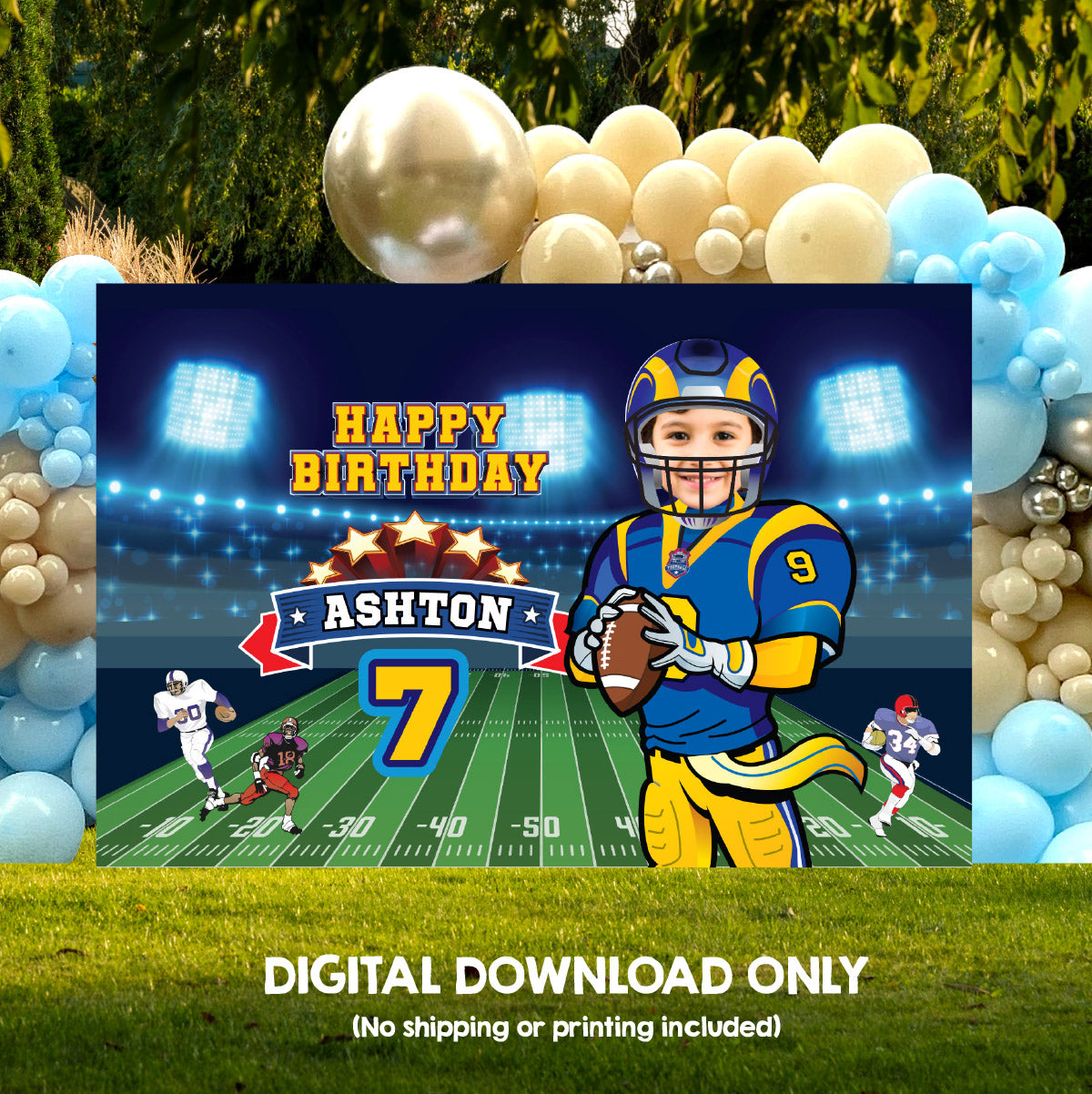 Personalized Football Rams banner with photo, Los Angeles Rams Birthday Backdrop. 2415BB
