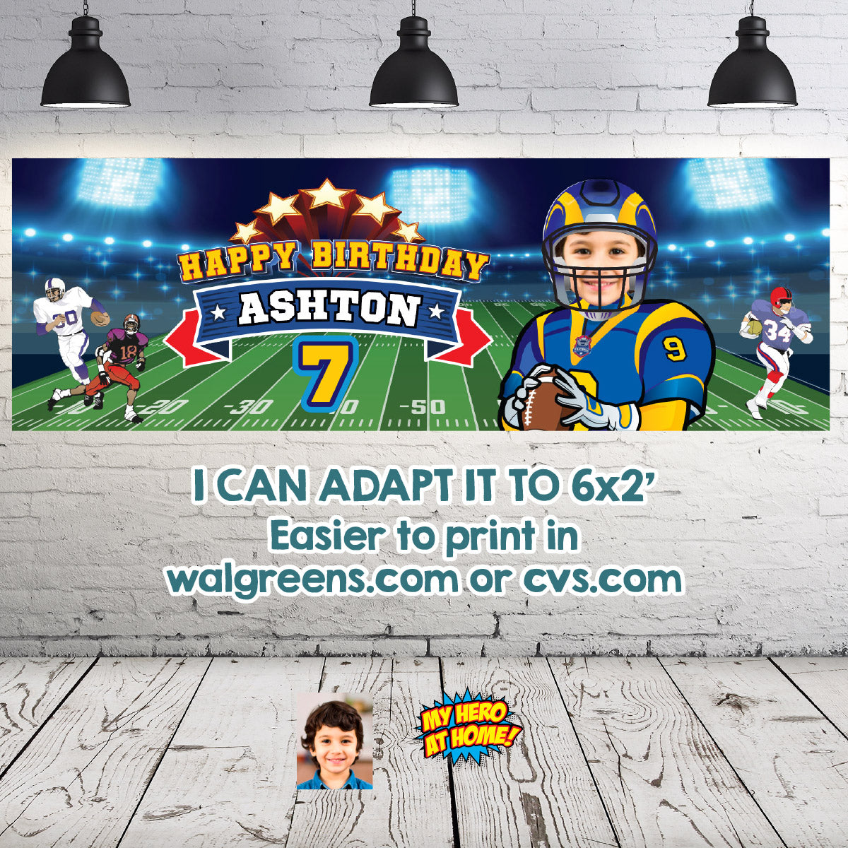 Personalized Football Rams banner with photo, Los Angeles Rams Birthday Backdrop. 2415BB