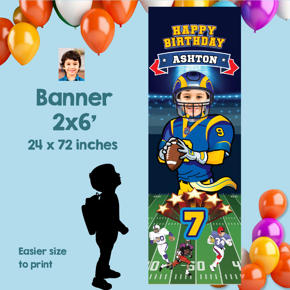 Portrait Rams Football banner with birthday kid as the Quarterback (Vertical 2x6’). 2415BBV