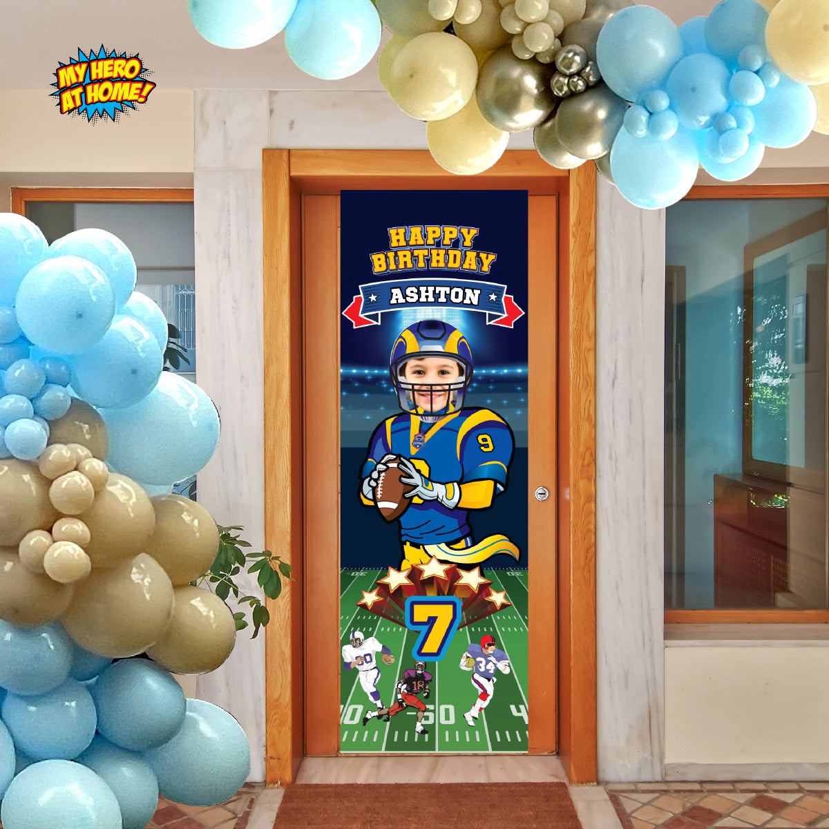 Portrait Rams Football banner with birthday kid as the Quarterback (Vertical 2x6’). 2415BBV