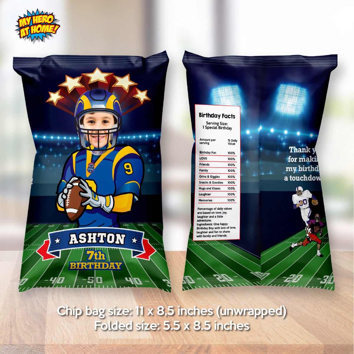 Custom Football Chip Bag wrappers with photo, Rams Snacks Bag labels. 2415CB
