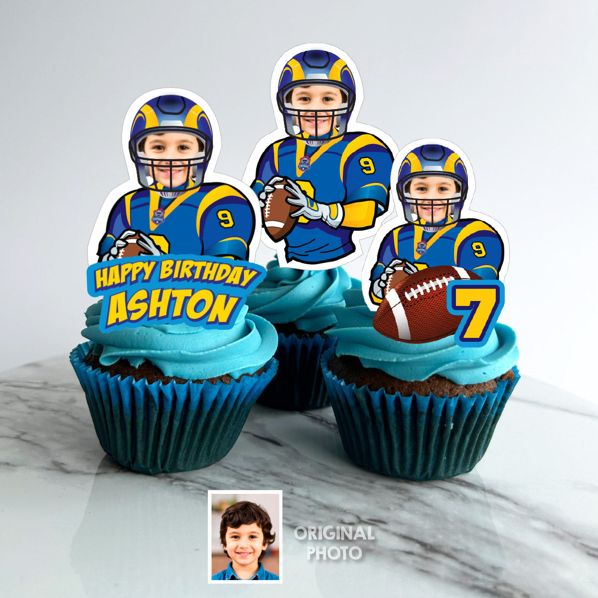 Personalized Football Rams Cupcakes Toppers featuring birthday kid. 2415CK