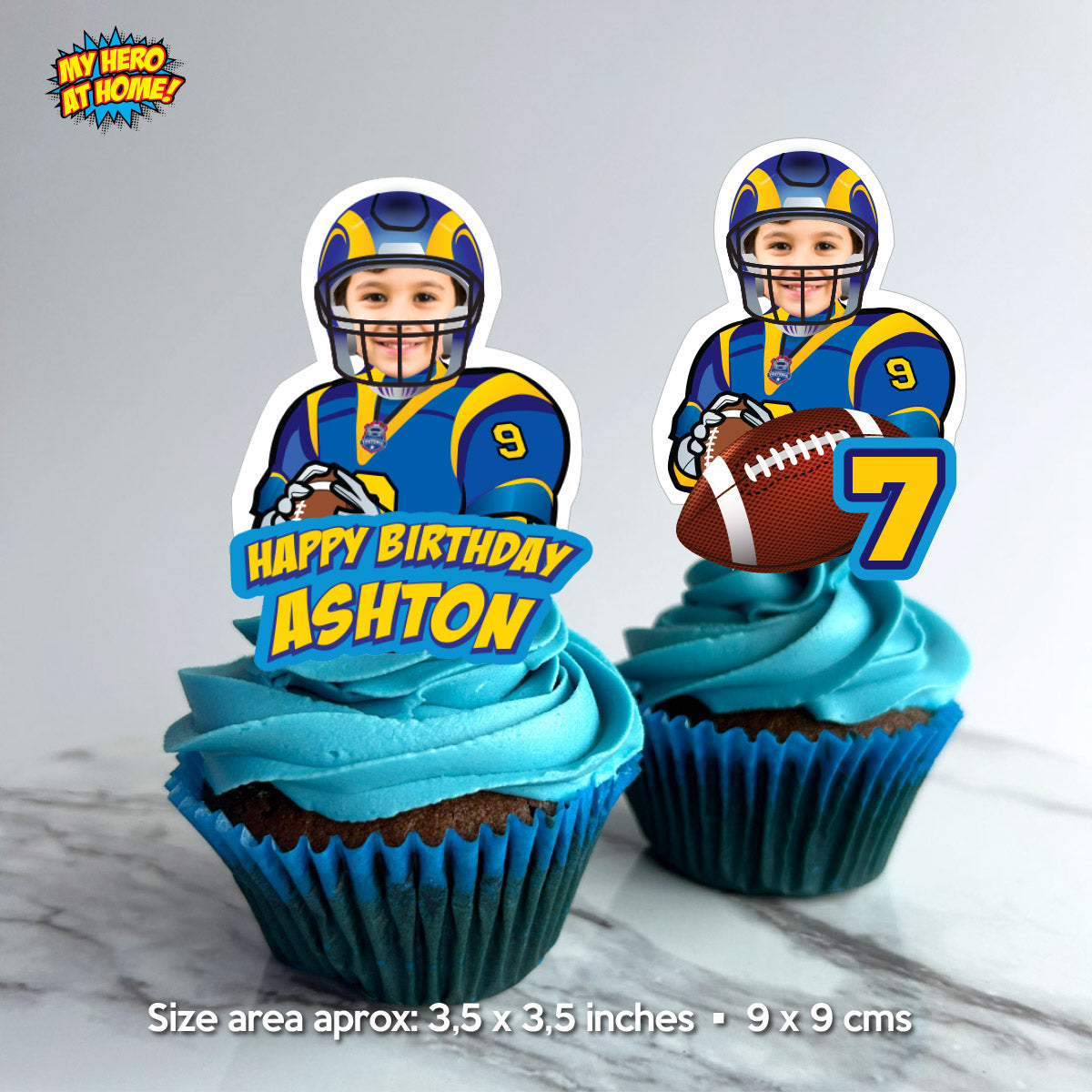 Personalized Football Rams Cupcakes Toppers featuring birthday kid. 2415CK