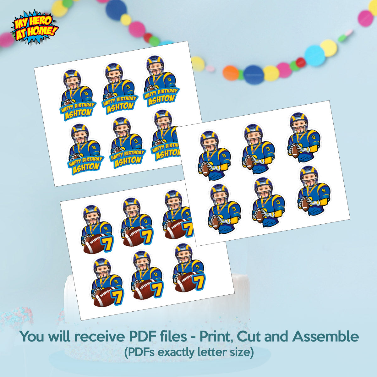 Personalized Football Rams Cupcakes Toppers featuring birthday kid. 2415CK