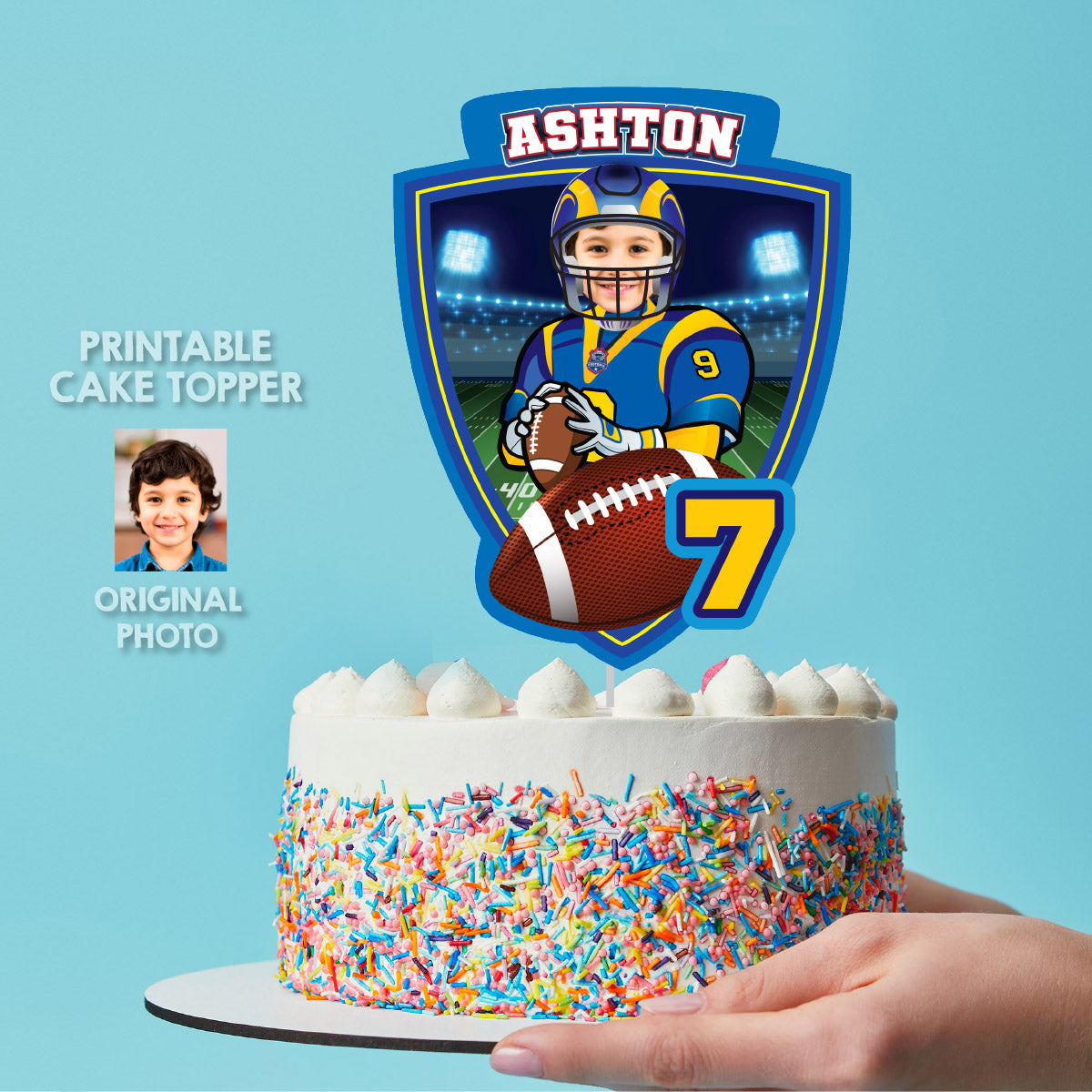 Football Cake topper featuring kid as his favorite Rams player, Los Angeles Football cake. 2415CT2