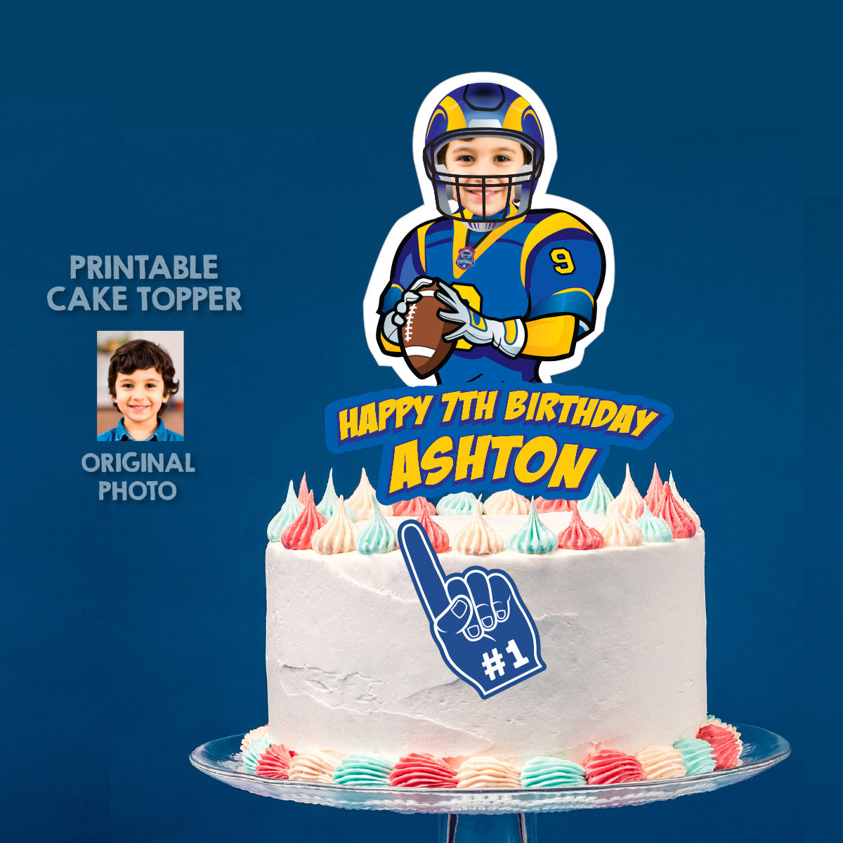 Football Cake topper featuring kid as his favorite Rams player, Los Angeles Football cake. 2415CT2