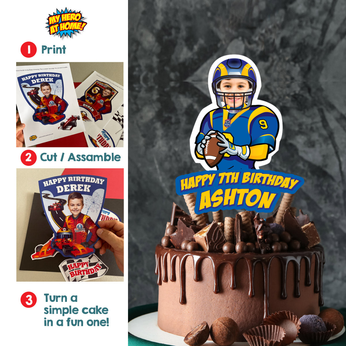 Football Cake topper featuring kid as his favorite Rams player, Los Angeles Football cake. 2415CT2