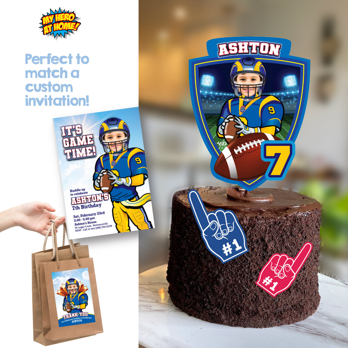 Football Cake topper featuring kid as his favorite Rams player, Los Angeles Football cake. 2415CT2