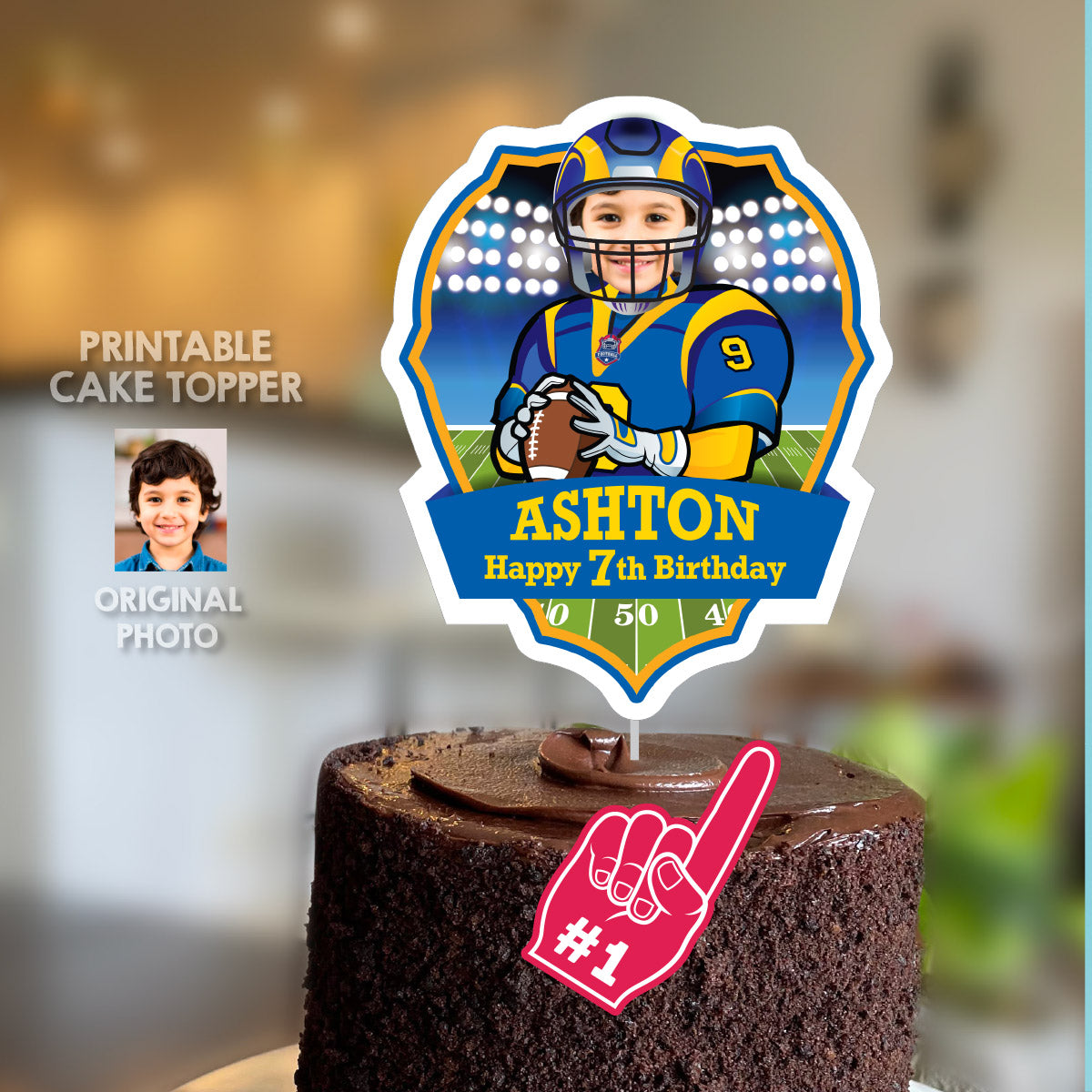 Cake topper themed Rams with photo, Printable Cake of Quarterback Rams. 2415CT3