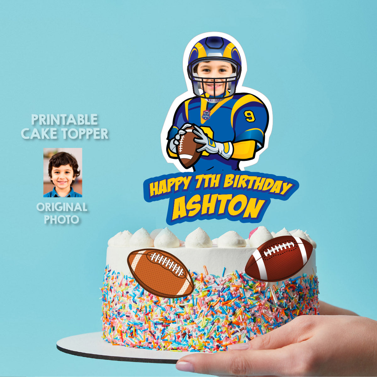 Cake topper themed Rams with photo, Printable Cake of Quarterback Rams. 2415CT3