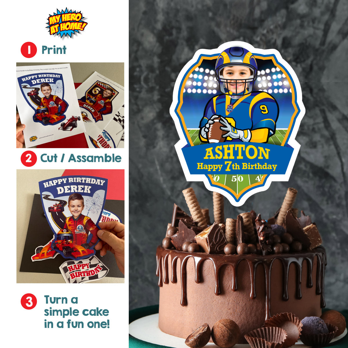 Cake topper themed Rams with photo, Printable Cake of Quarterback Rams. 2415CT3