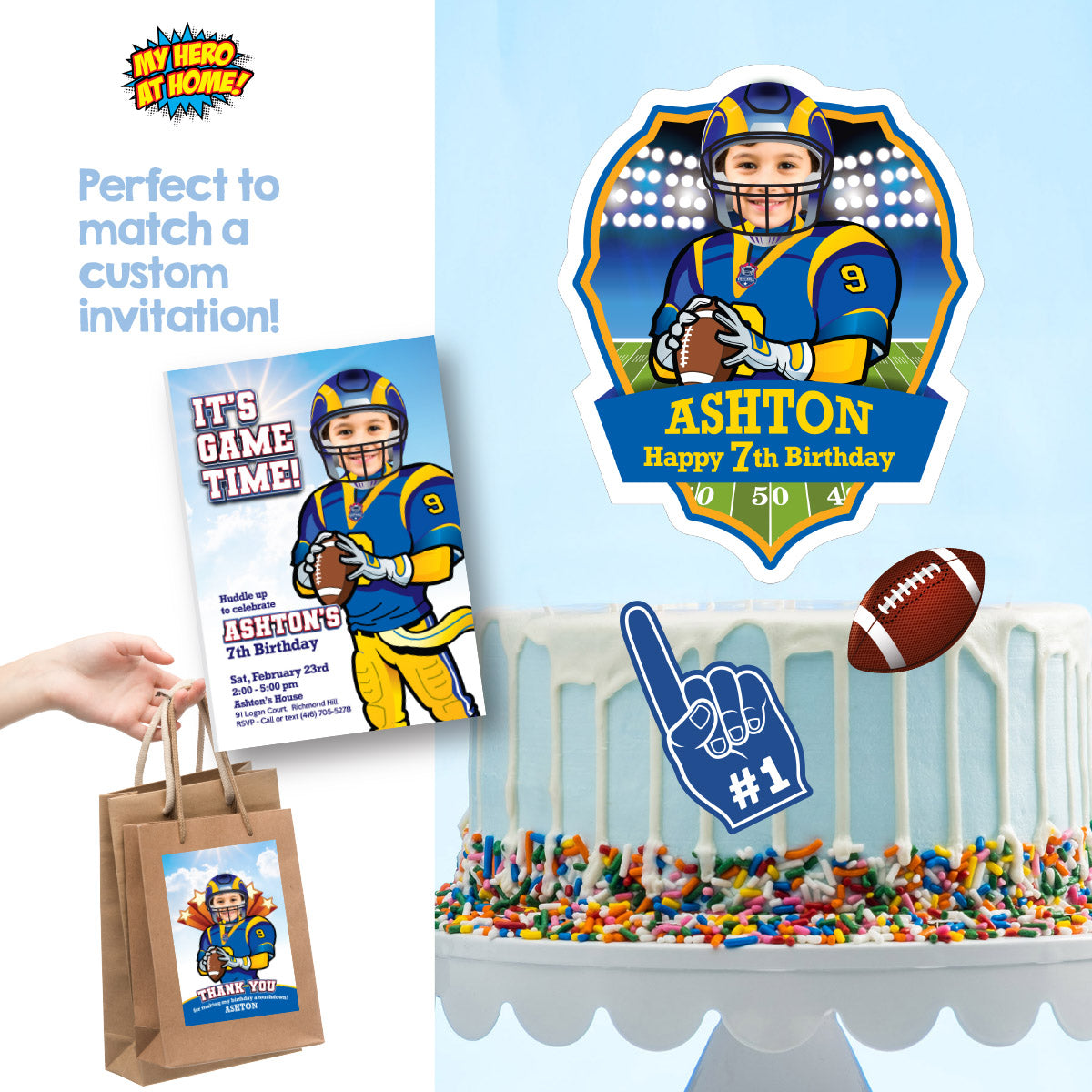 Cake topper themed Rams with photo, Printable Cake of Quarterback Rams. 2415CT3