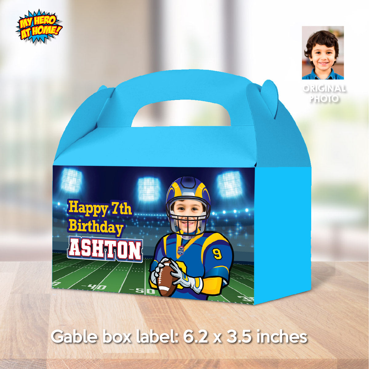 Custom Football Rams Gable box with photo, Gift boxes party favors themed Rams. 2415GB