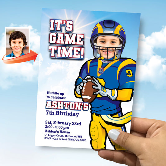 Rams Birthday Party Invitation with kid as the star player, Football digital invitation. 2415IN
