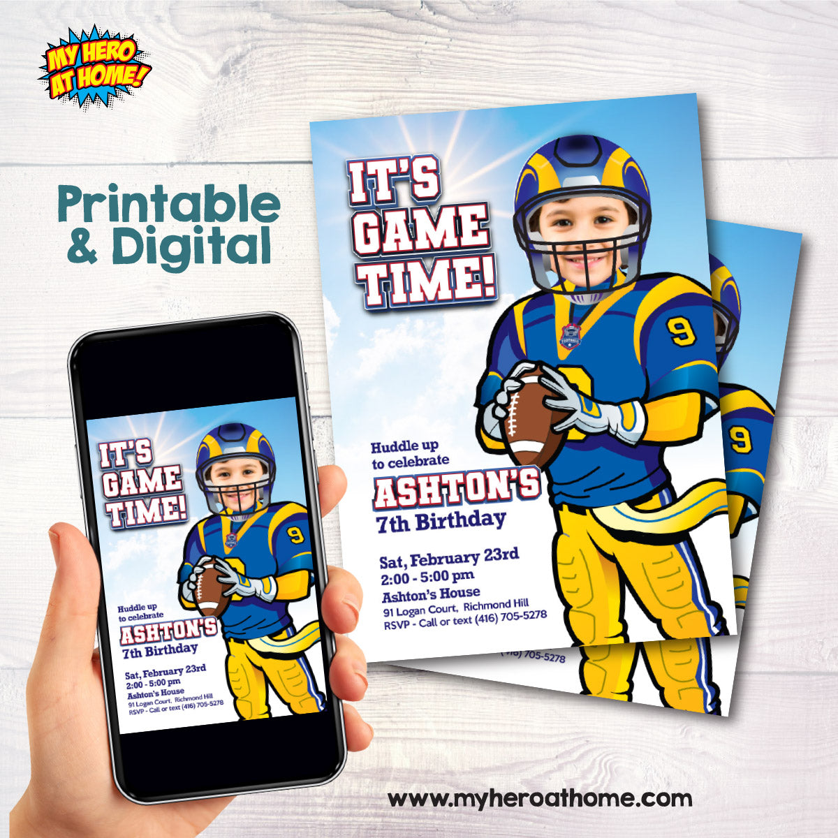 Rams Birthday Party Invitation with kid as the star player, Football digital invitation. 2415IN