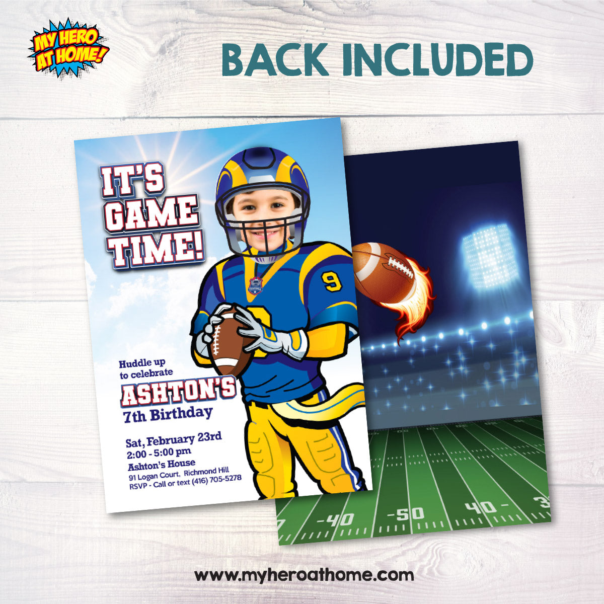 Rams Birthday Party Invitation with kid as the star player, Football digital invitation. 2415IN