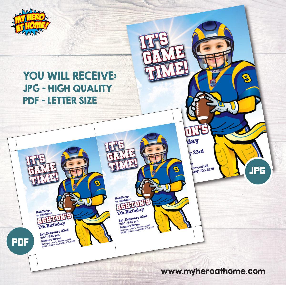 Rams Birthday Party Invitation with kid as the star player, Football digital invitation. 2415IN