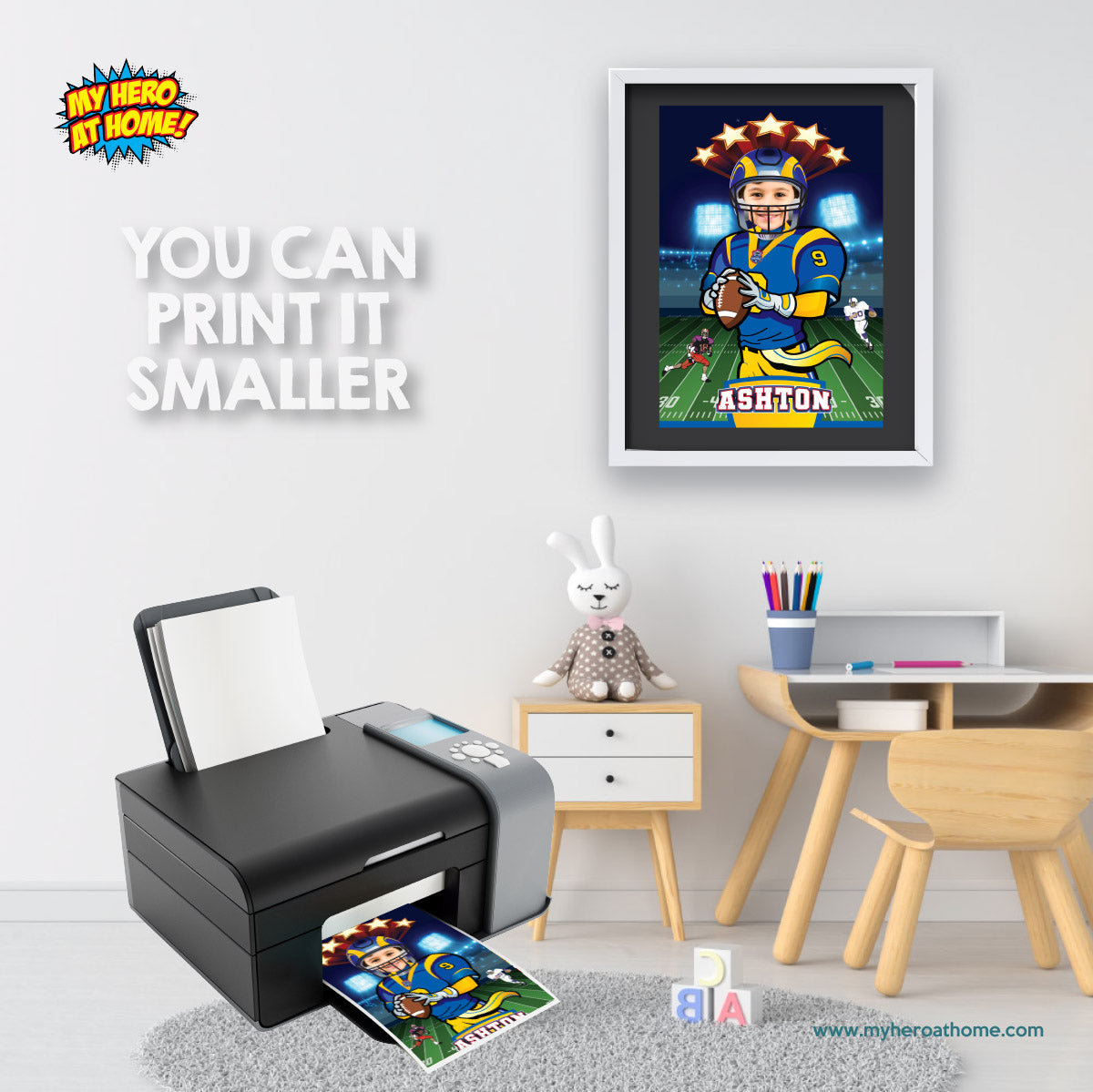 Printable Football Los Angeles gifts ideas with photo, Personalized Rams poster with kid as player. 2415PG