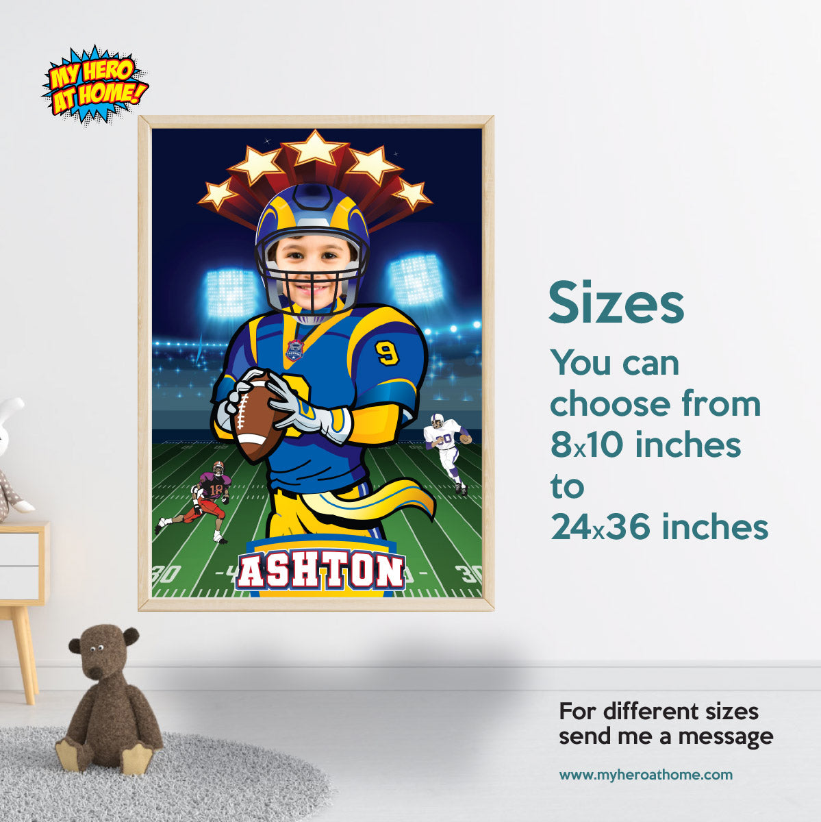 Printable Football Los Angeles gifts ideas with photo, Personalized Rams poster with kid as player. 2415PG