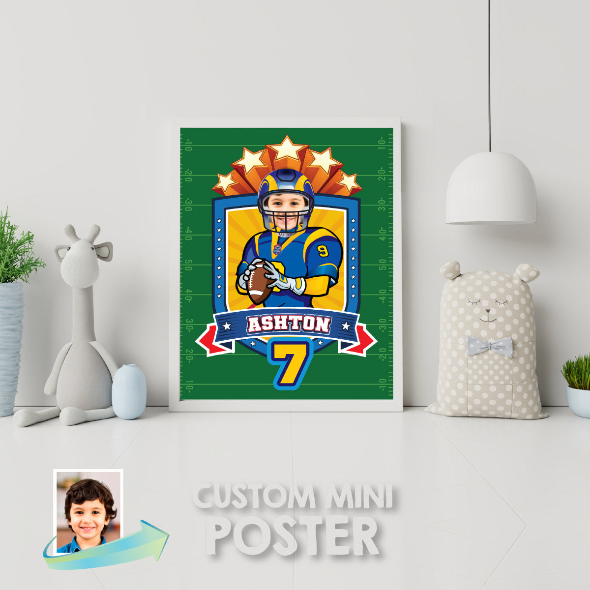 Custom Football Print with kid as favorite player, Personalized Rams gifts with photo. 2415PS