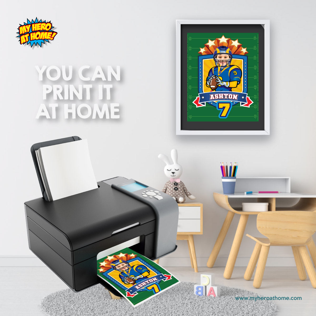 Custom Football Print with kid as favorite player, Personalized Rams gifts with photo. 2415PS