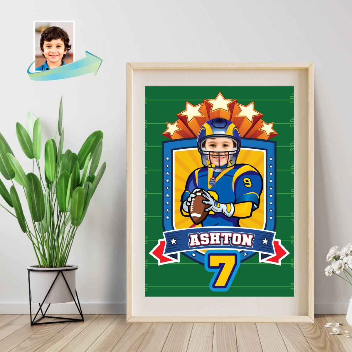 Custom Football Print with kid as favorite player, Personalized Rams gifts with photo. 2415PS