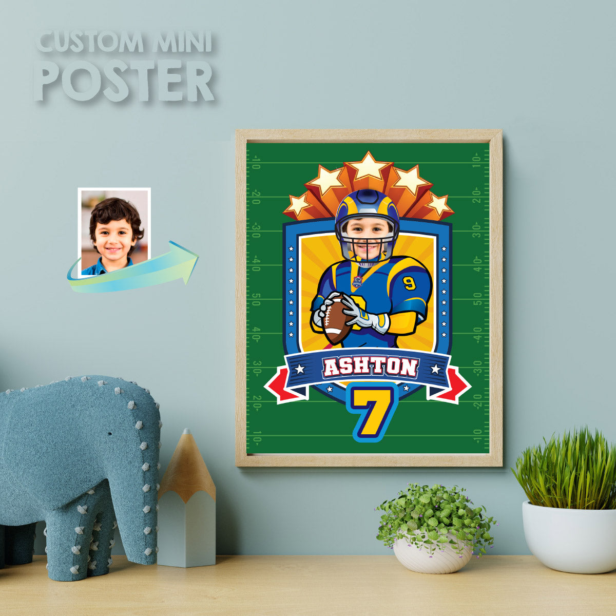 Custom Football Print with kid as favorite player, Personalized Rams gifts with photo. 2415PS