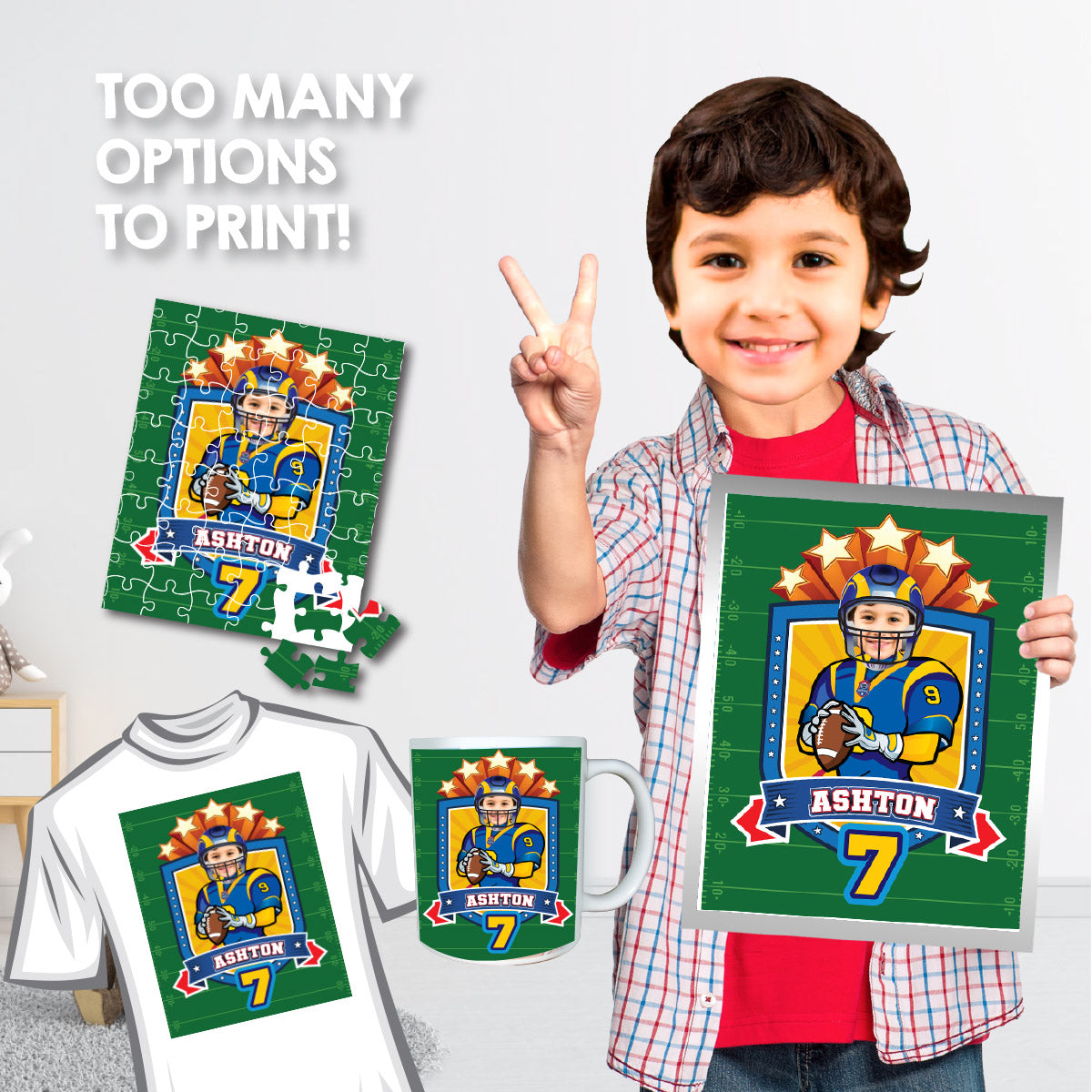 Custom Football Print with kid as favorite player, Personalized Rams gifts with photo. 2415PS