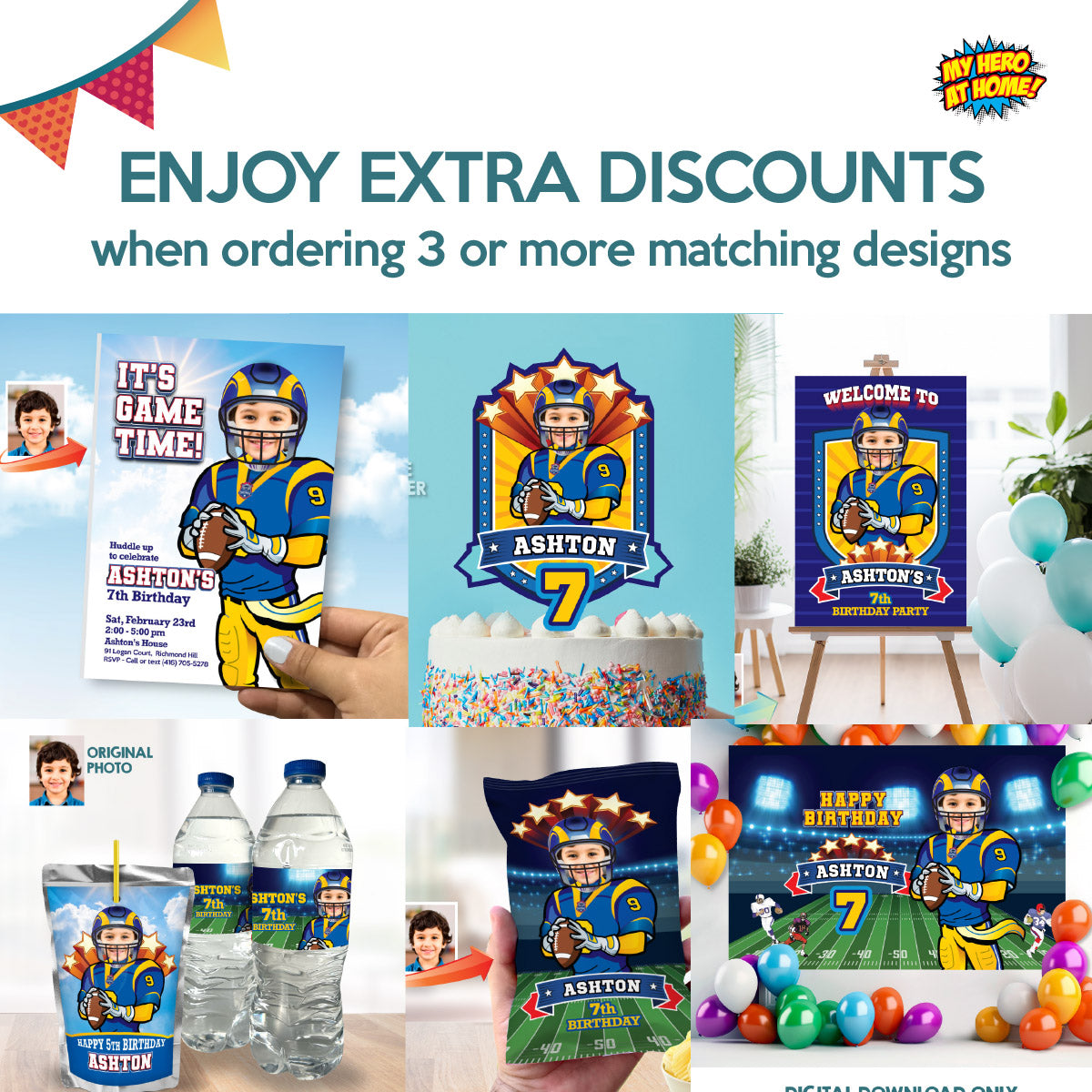 Personalized Football Rams Cupcakes Toppers featuring birthday kid. 2415CK