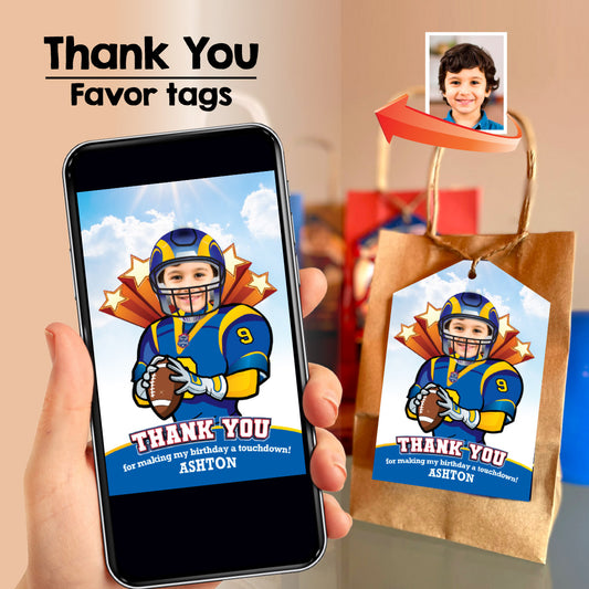 Personalized Football Rams Thank You with photo, Los Angeles birthday favor tags. 2415TY