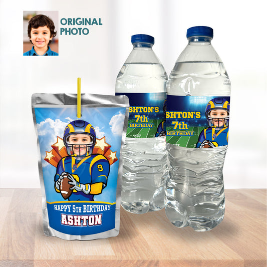 Football Rams water wrappers and juice labels with kid as the star. 2415WJ