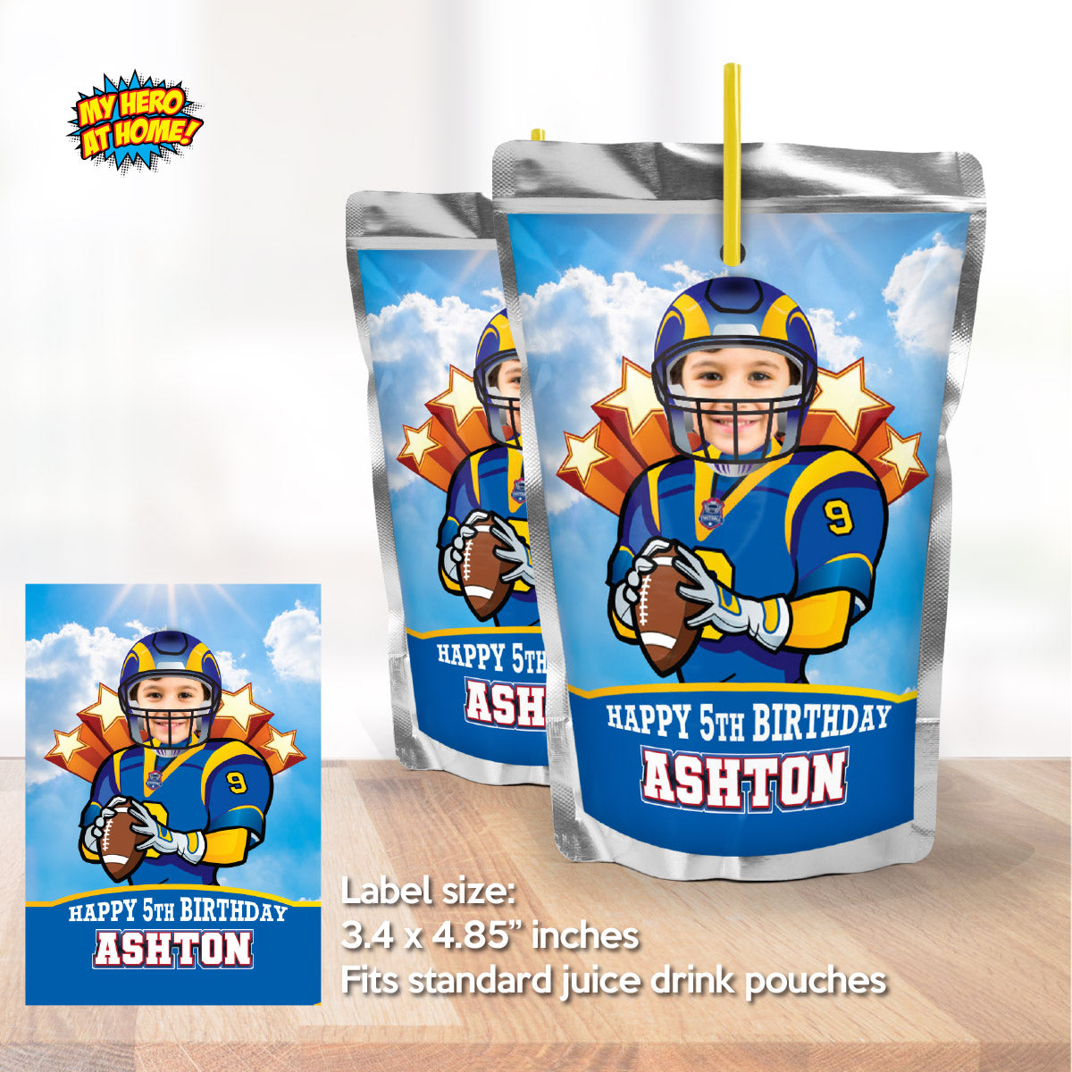 Football Rams water wrappers and juice labels with kid as the star. 2415WJ