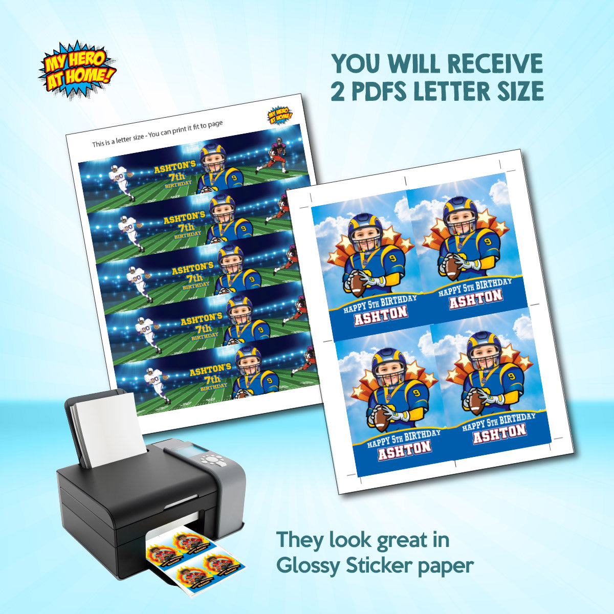 Football Rams water wrappers and juice labels with kid as the star. 2415WJ