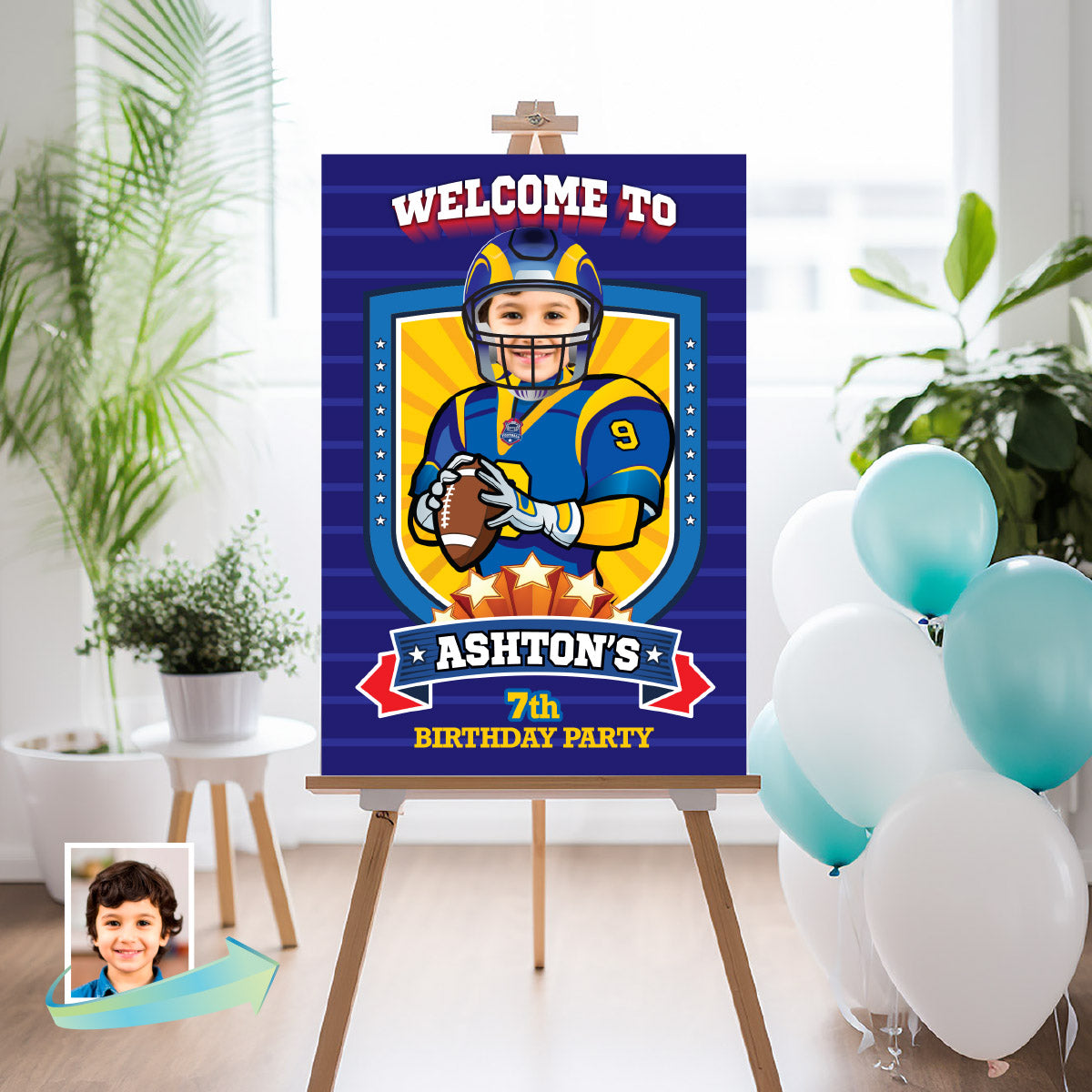 Football Welcome sign with kid as favorite Rams player, Rams Birthday Entrance party. 2415WS