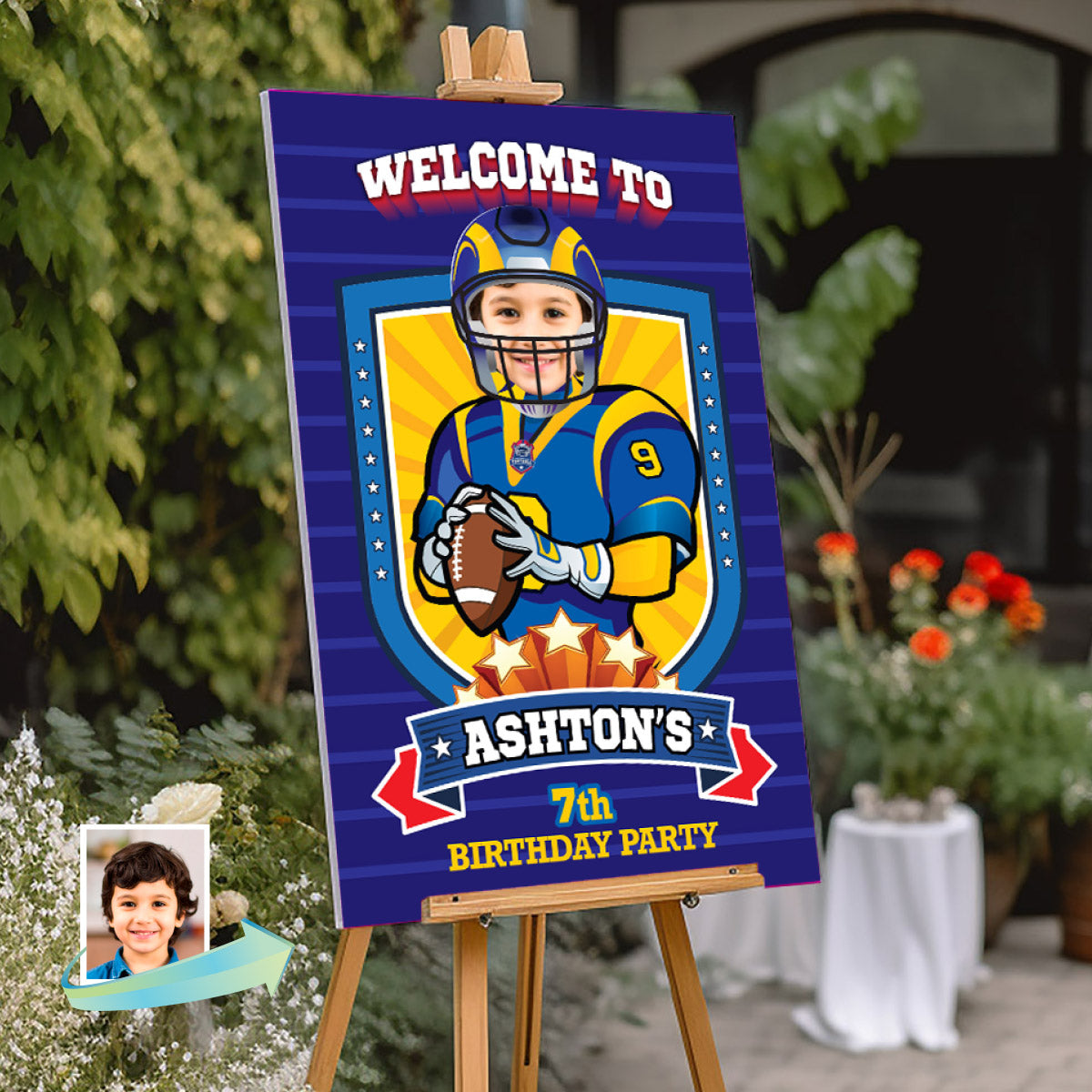 Football Welcome sign with kid as favorite Rams player, Rams Birthday Entrance party. 2415WS
