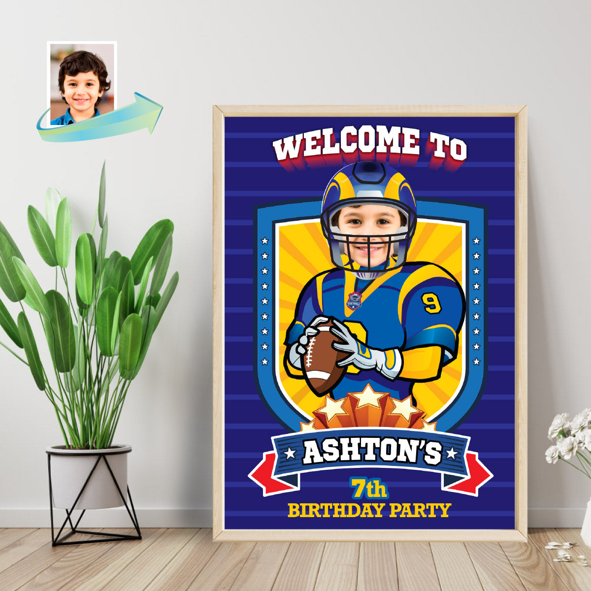 Football Welcome sign with kid as favorite Rams player, Rams Birthday Entrance party. 2415WS