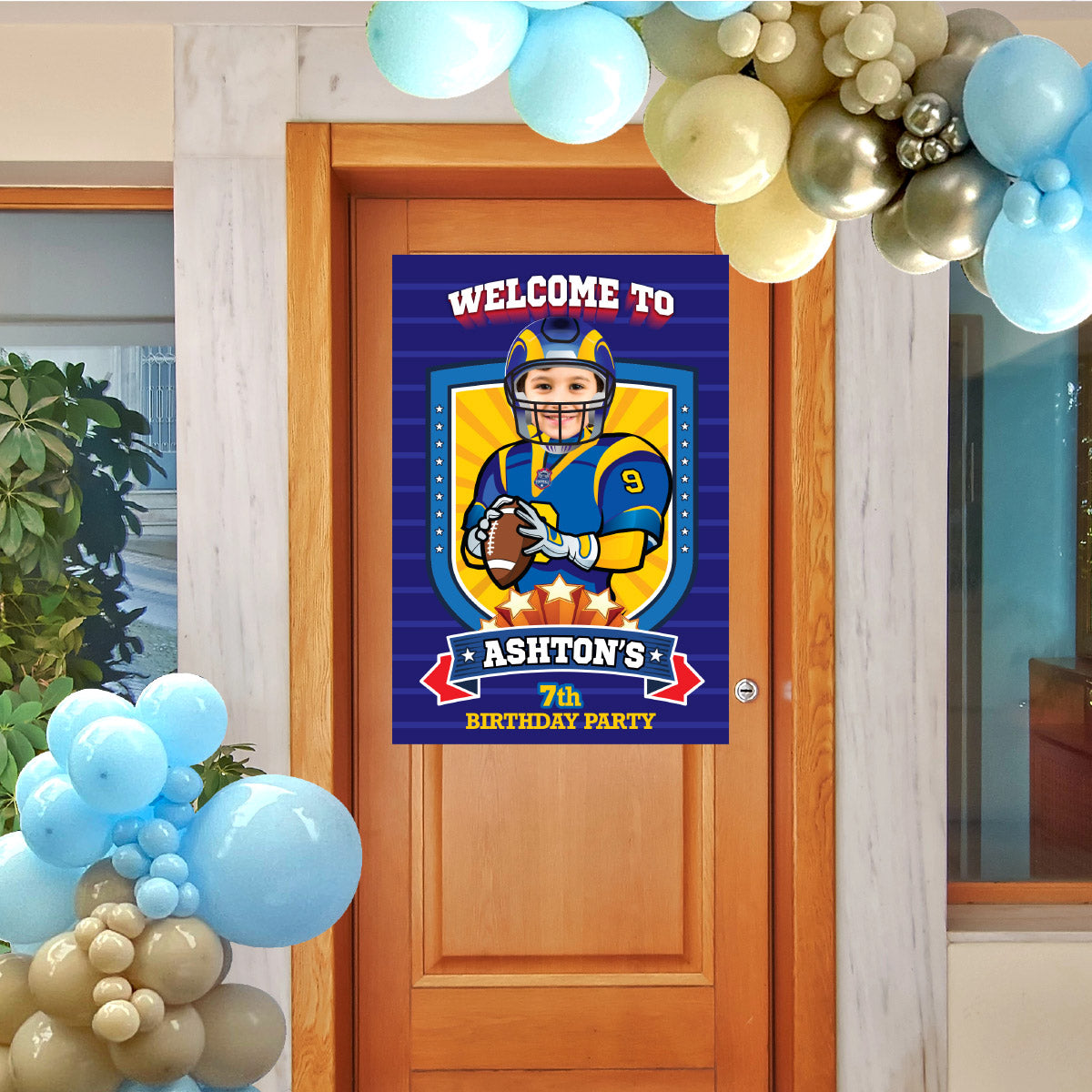 Football Welcome sign with kid as favorite Rams player, Rams Birthday Entrance party. 2415WS